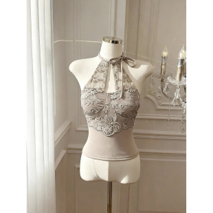 纯欲辣妹蕾丝挂脖吊带背心女内搭美背文胸一体带胸垫