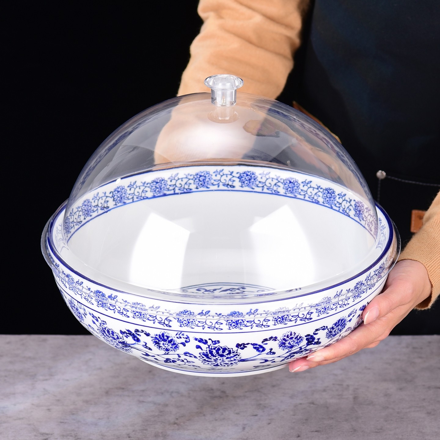 钵钵鸡青花瓷盆超市咸菜坛酱菜卤菜盆明档加厚展示碗商用陶瓷带盖