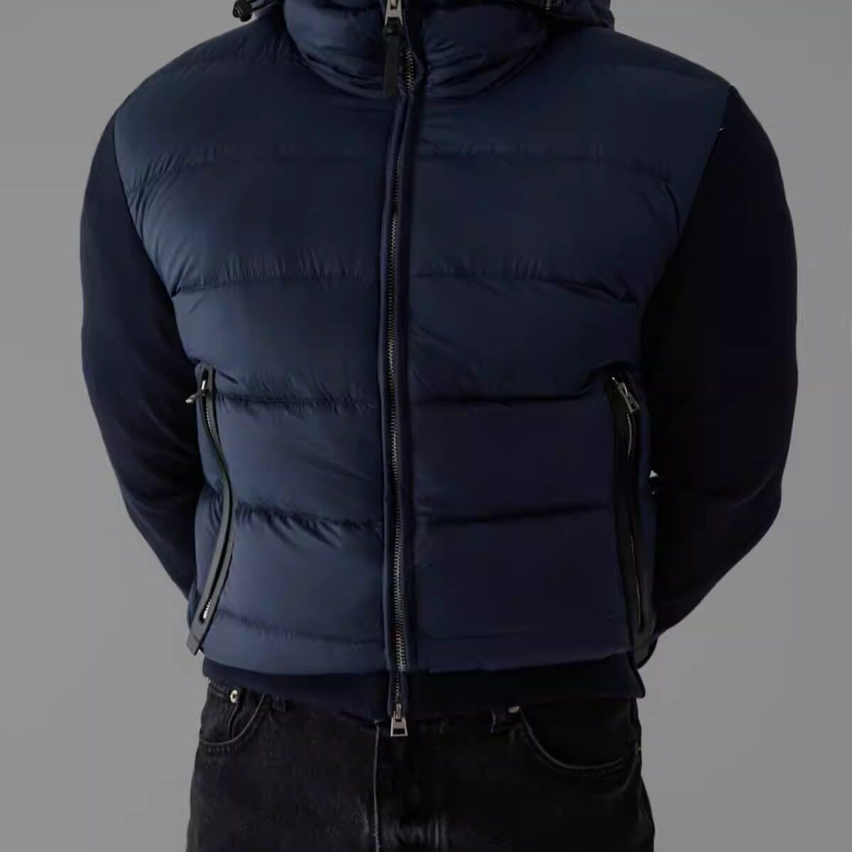 韩国男装代购羊毛螺纹针织保暖羽绒服拼接立领连帽夹克外套JK4461