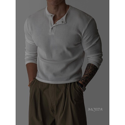 韩国代购男装纯棉亨利领华夫纹理长袖上衣T恤轮廓小众质感-TS5089