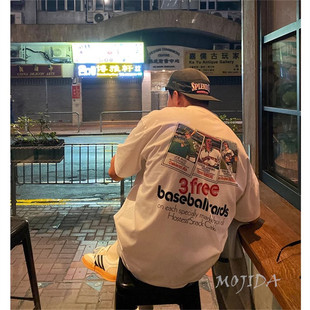韩国代购东大门男装复古背后印花baseball漫画风休闲短袖T恤S4170