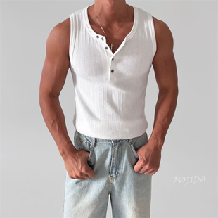 韩国男装代购螺纹弹力亨利领修身无袖T恤健身弹力休闲背心-TS4253