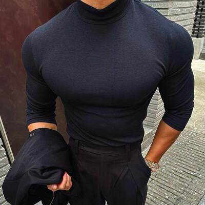 弹力修身半高领打底长袖T恤男