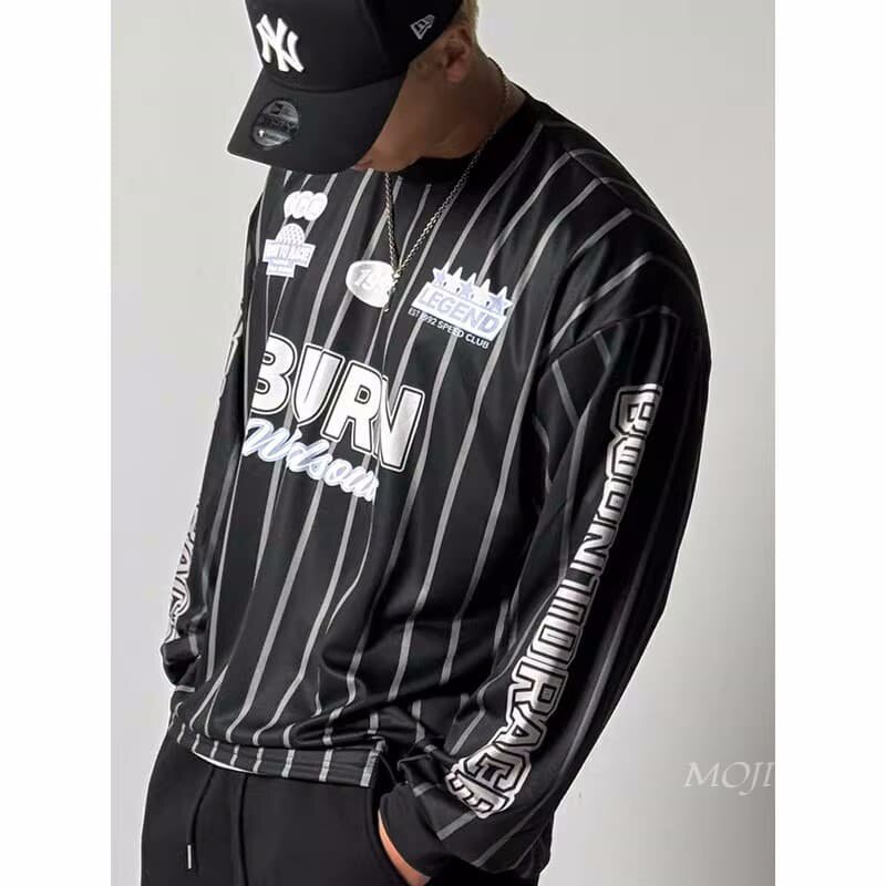 韩国代购男装长袖T恤圆领字母印花百搭竖条纹宽松球衣运动TS5149