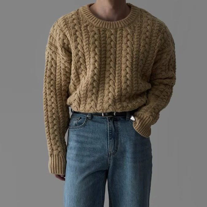 韩国东大门男装代购秋冬复古时髦水洗旧感麻花针织套头毛衣CD2093