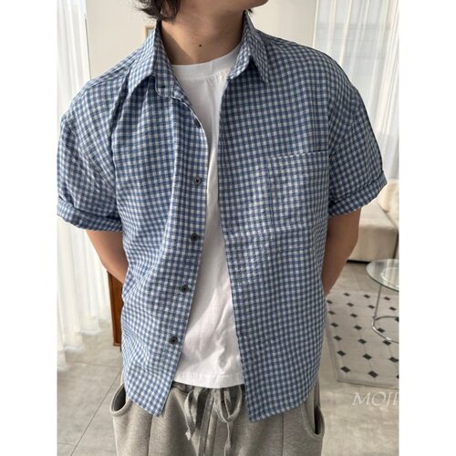 韩国男装东大门代购高品格子宽松设计师复古重工短袖衬衫男SH2508