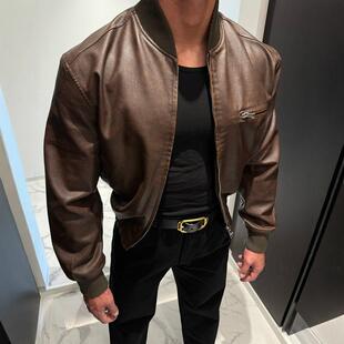 魔吉达韩国男装 宽松皮革夹克外套男JK3427 高品复古做旧棒球领短款