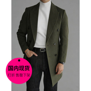 【特价现货】韩国东大门男装双排扣中长款军绿色羊毛呢大衣-JK045