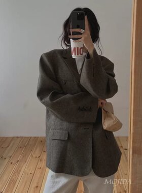 韩国代购东大门直播男女MOOD百货级宽松羊毛呢西装外套JK5378