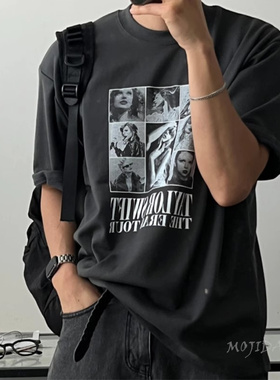 魔吉达韩国代购男装霉霉人像印花黑白艺术设计宽松短袖T恤-TS4046