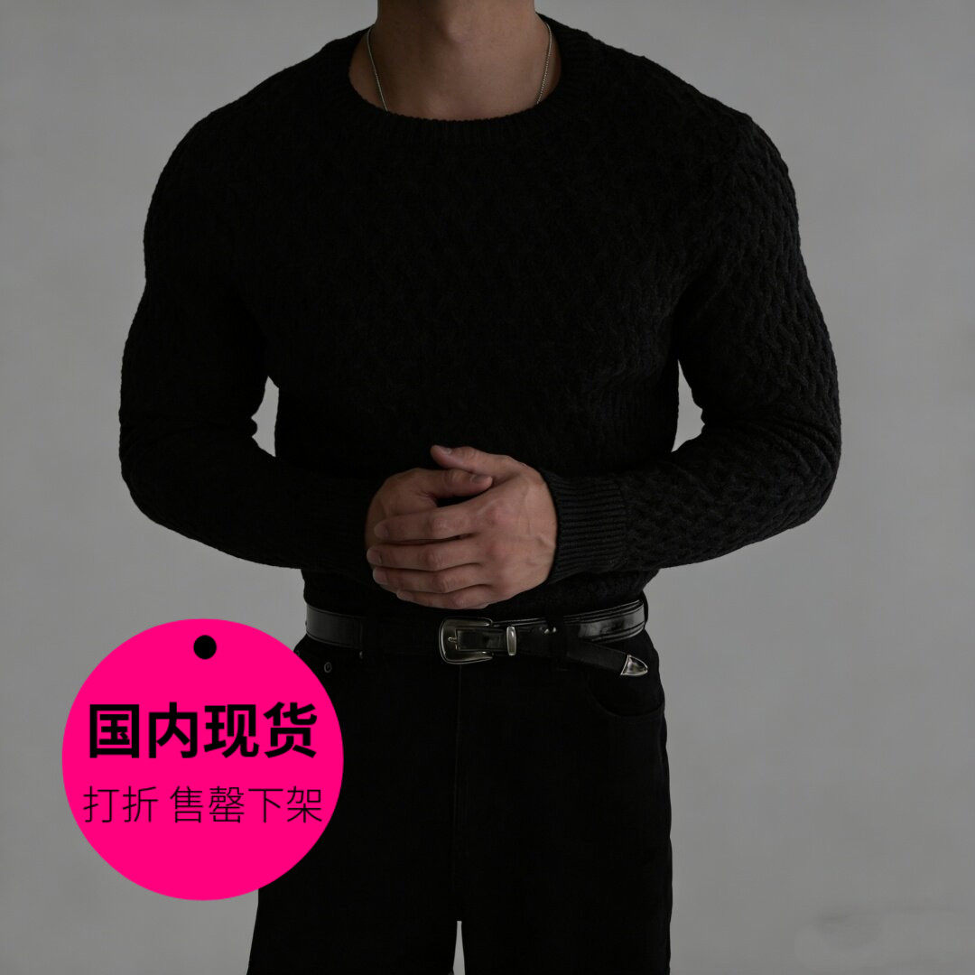 【特价现货】韩国东大门男装春款麻花圆领毛衣男修身针织衫-12526
