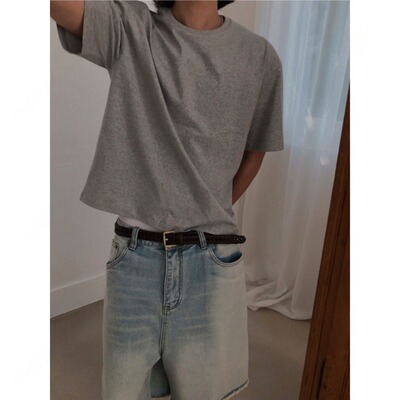 魔吉达韩国代购男装LANE高档杜邦面料宽边U领百搭短袖T恤-BTS3794