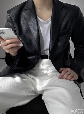 韩国东大门男装代购轻奢设计师精工合成皮革休闲西服外套男JK4161