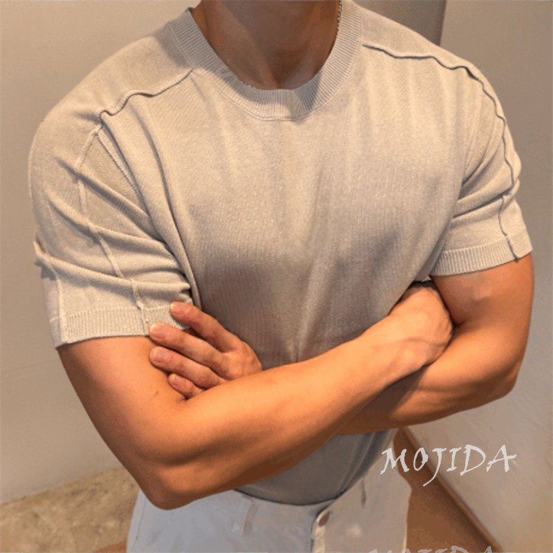 魔吉达韩国代购男装棉混纺立体双肩线精工针织TEE短袖T恤男TS4076