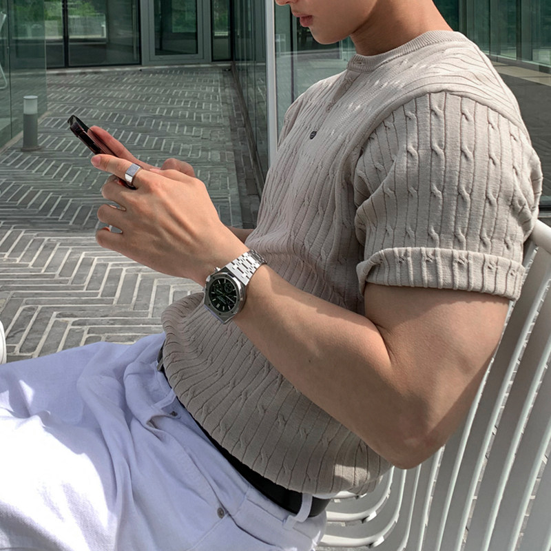 魔吉达韩国男装亨利领粗麻花短袖T恤衫针织衫男宽松美式男-TS2931