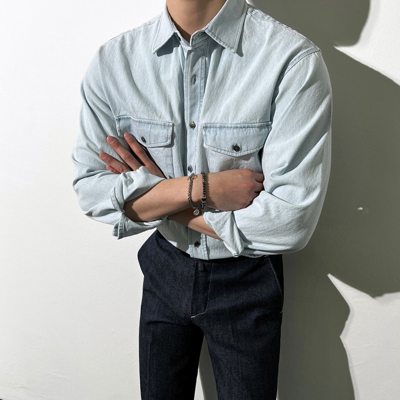 春秋款韩国男装代购尖领双口袋水洗棉质休闲长袖牛仔衬衫男SH1399