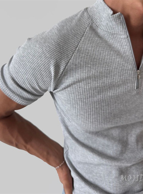 韩国男装代购小高领半拉链螺纹坑条修身插肩袖针织短袖T恤-TS4422