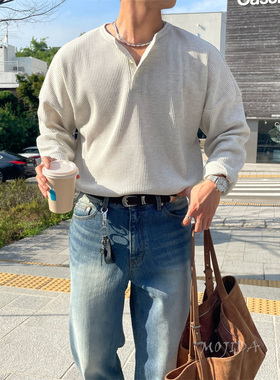 韩国男装代购PLANB华夫格亨利领设计落肩慵懒宽松秋长袖T恤TS4772