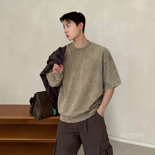 韩国代购男装TAKE石洗做旧链条装饰宽版轮廓短袖T恤气质男bTS5518