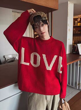 韩国东大门代购26LOVE字母提花阔版落肩短款针织毛衣男女款CD2189