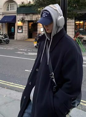 韩国东大门男装代购高品羊毛混纺单排扣宽松大衣外套男女款JK4478