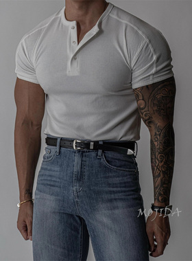 韩国代购东大门男装肌肉弹力修身弹力TEE亨利领宽松短袖T恤TS4398