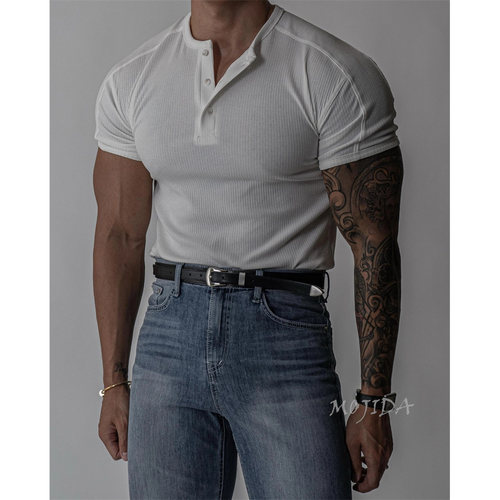 韩国代购东大门男装肌肉弹力修身弹力TEE亨利领宽松短袖T恤TS4398