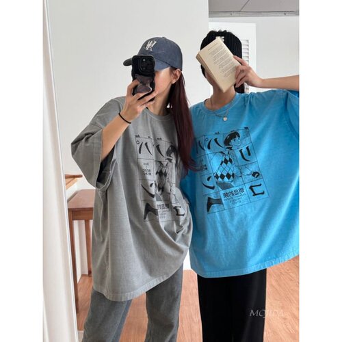 韩国东大门代购男女同款美式复古街头复古印花圆领短袖T恤-TS6060