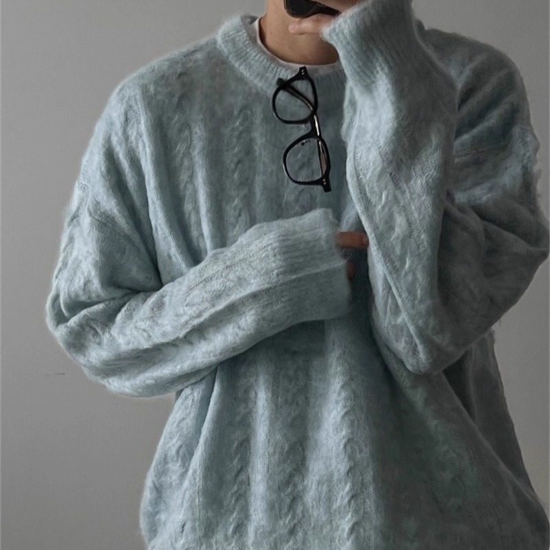 韩国男装代购落肩宽松时尚毛绒氛围感麻花纹宽松针织衫毛衣CD1715