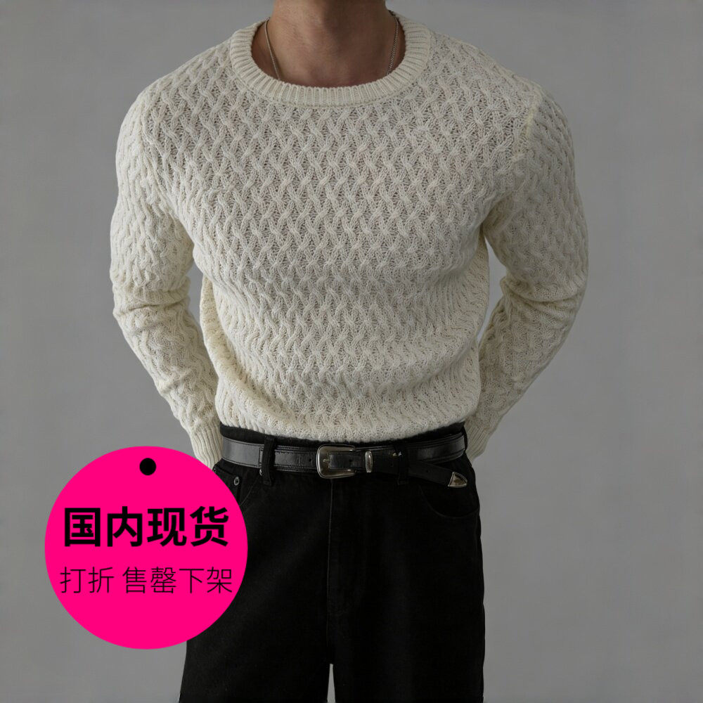 【特价现货】韩国东大门男装春款麻花圆领毛衣男修身针织衫-12526