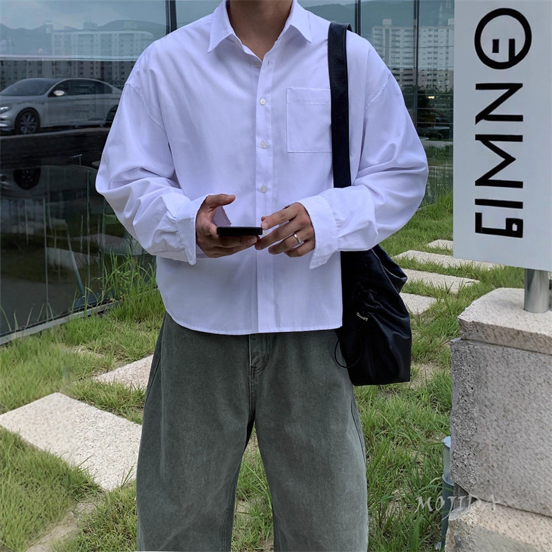 韩国男装代购NOKE亲肤棉短款设计前短后长阔版休闲长袖衬衫SH2364图片