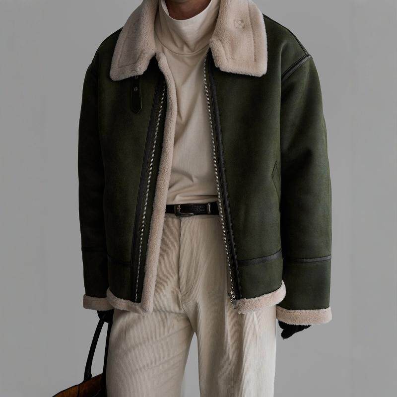 魔吉达韩国男装夹克外套翻毛鹿皮绒内里羊羔绒皮毛一体保暖JK3650