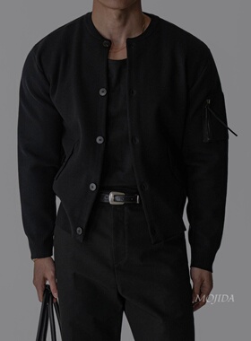 韩国东大门代购男装黑色棒球领纽扣针织开衫夹克外套春季CD2225