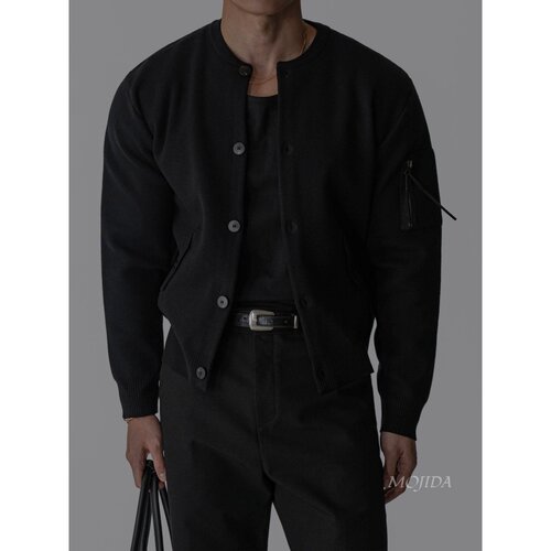 韩国东大门代购男装黑色棒球领纽扣针织开衫夹克外套春季CD2225