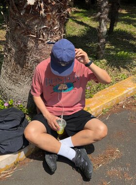 韩国代购东大门男装波士顿帆船印花短袖T恤复古宽松潮牌款TS6157