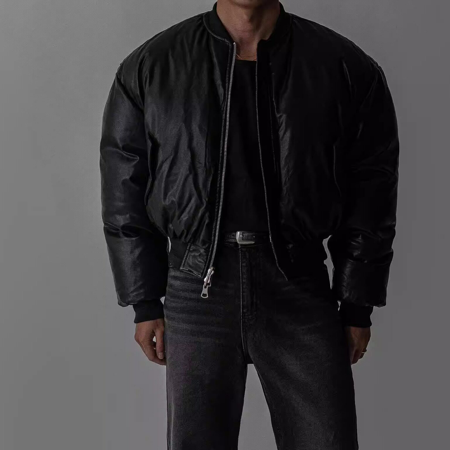 韩国东大门男装代购高品人造皮革PU尼龙褶皱百搭短款棉服JK4448