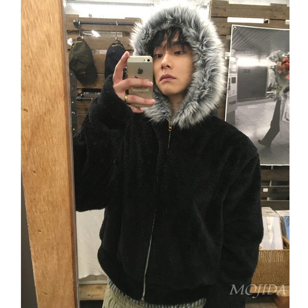 韩国男装代购高档设计师原创连帽羊羔毛外套小众气质上衣男JK4637