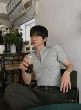 韩国代购东大门男装明星同款拉链翻领针织短袖T恤修身轻熟-TS6215