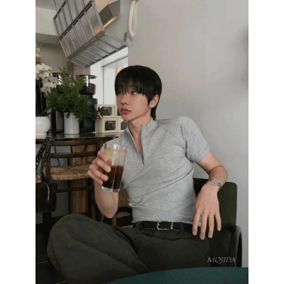 韩国代购东大门男装明星同款拉链翻领针织短袖T恤修身轻熟-TS6215