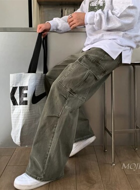韩国男装代购膝盖双掐褶复古水洗工装风口袋阔腿直筒休闲裤PT4218