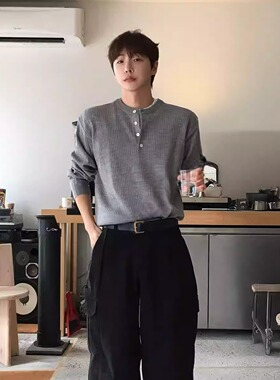 韩国代购男装东大门亨利领坑条纹纹理搭扣休闲长袖T恤秋冬-CD2098