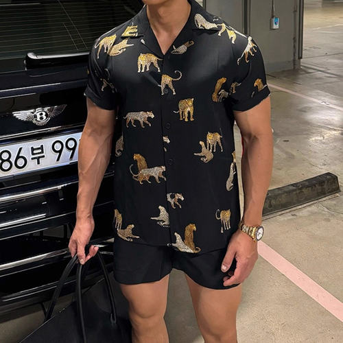 潮流宽松老虎设计古巴领短袖衬衫