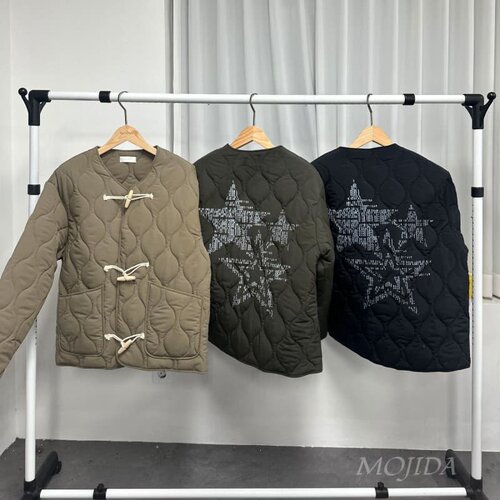 韩国代购男装东大门牛角扣菱格棉服五角星印花V领夹棉外套-JK5311