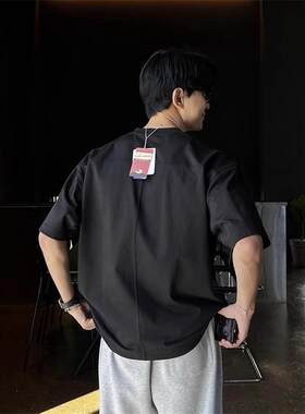 韩国男装代购LAINE高档USA棉重磅T字拼接纯色阔版短袖T恤衫TS3348