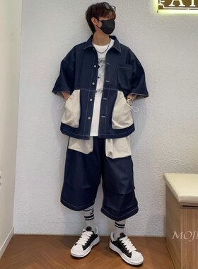 韩国代购东大门男反转毛圈口袋牛仔短袖衬衫外套拼色大码-SET1471