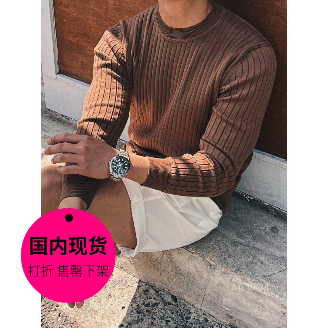 【特价现货】韩国东大门男装色圆领套头弹力休闲螺纹针织衫-CD531
