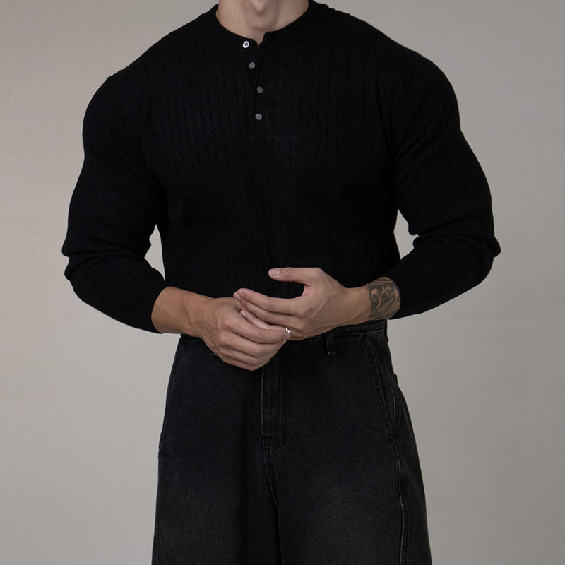 春秋新款韩国男装纯色麻花纹门筒领弹力宽松针织套衫毛衣男-CD870