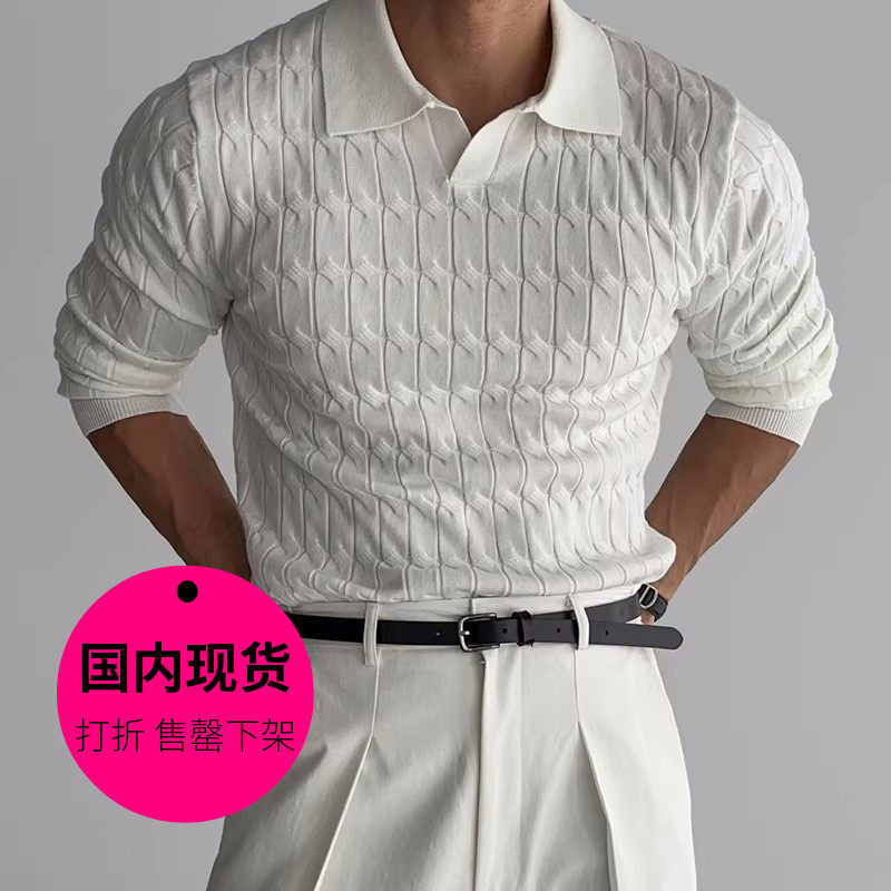 【特价现货】韩国东大门男装麻花纹翻领套头宽松休闲针织衫-CD801