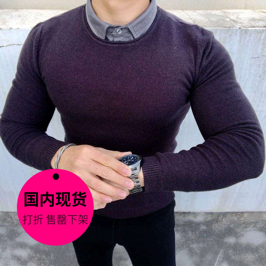 【特价现货】蜂窝纹圆领套头针织衫男纯色弹力修身毛衣线衫-ST008