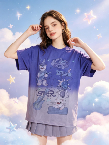 美式复古渐变紫宽松短袖T恤女